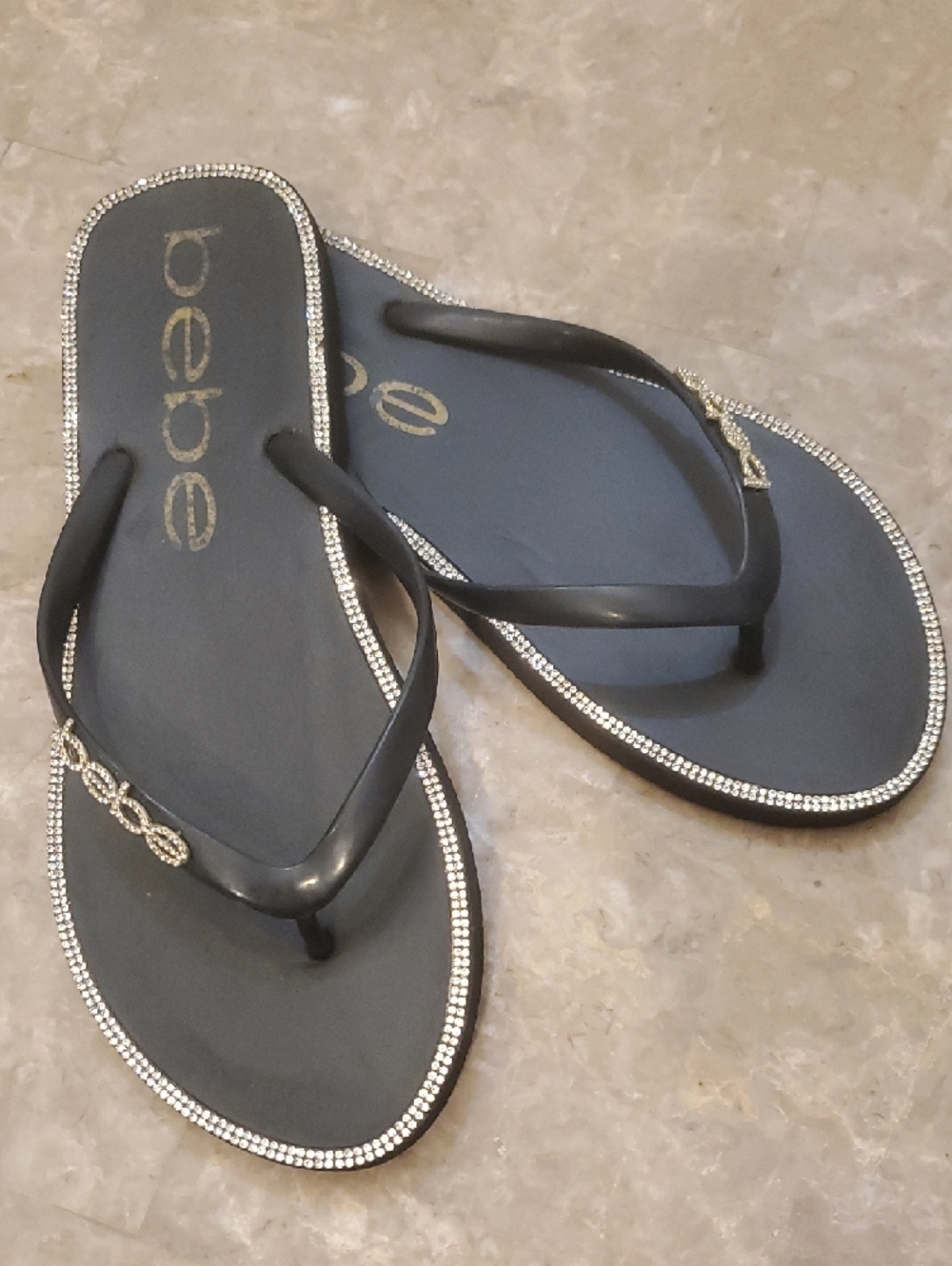 bebe Black Flip Flops with Rhinestone Trim